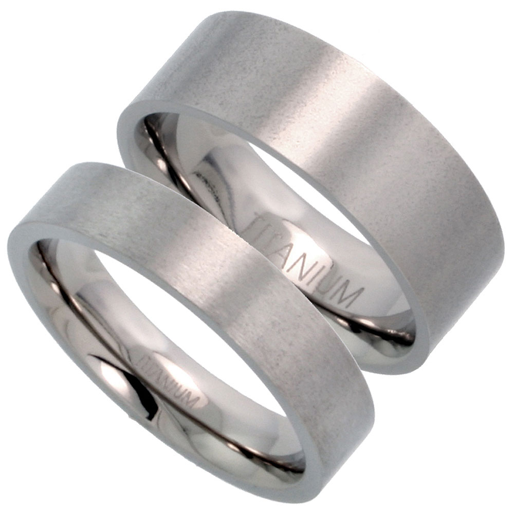 5 &amp; 8mm Titanium Wedding Band Ring Set Plain Flat Brushed Comfort Fit 5/16 inch sizes 5 - 15