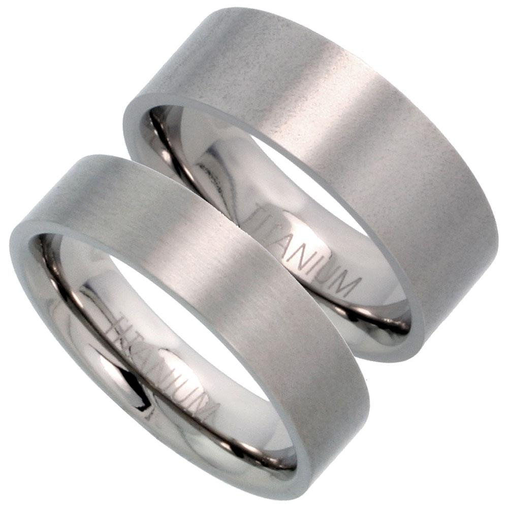 6 &amp; 8mm Titanium Wedding Band Ring Set Plain Flat Brushed Comfort Fit 5/16 inch sizes 5 - 15