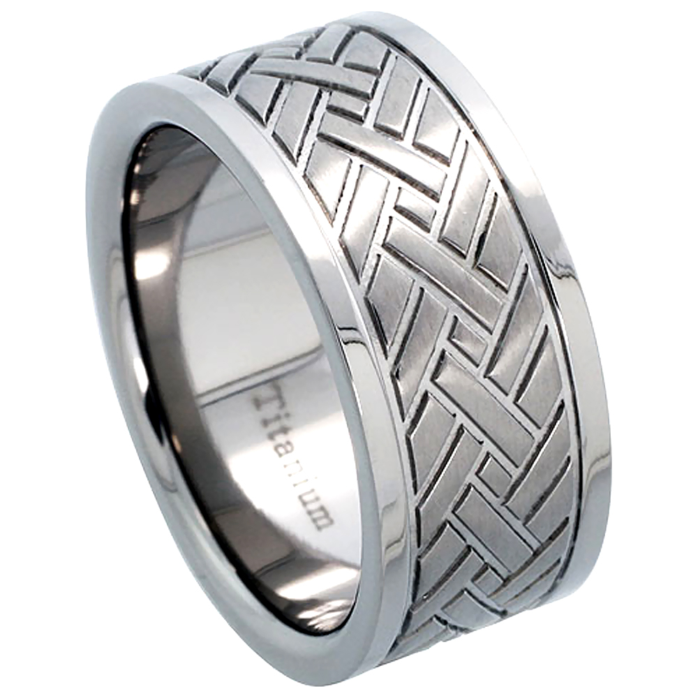 9mm Titanium Wedding Band Herringbone Ring Comfort Fit sizes 8 - 10.5