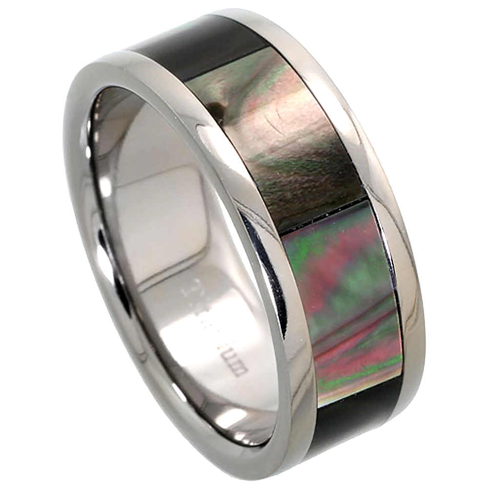 8mm Titanium Wedding Band Ring Mother of Pearl Inlay Flat Comfort Fit sizes 8 - 12