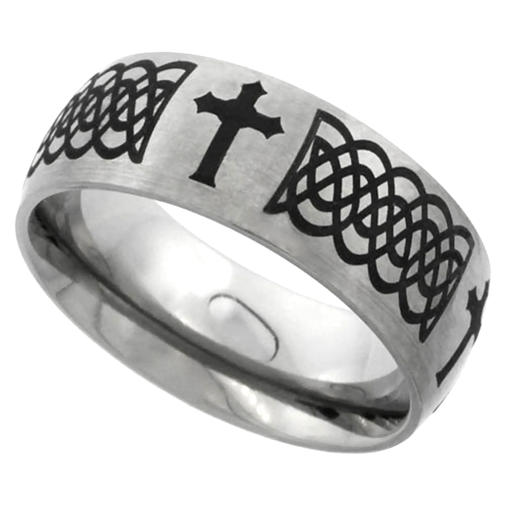 8mm Titanium Wedding Band Celtic Knot Ring Domed with Crosses Brushed Finish Comfort Fit sizes 7 - 14