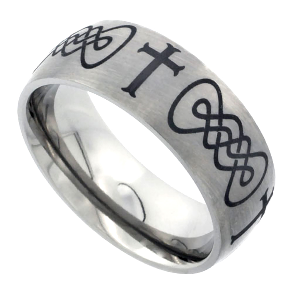 8mm Titanium Wedding Band Celtic Knot Ring Domed Moline Crosses Brushed Finish Comfort Fit sizes 7 - 14