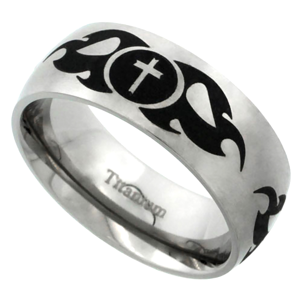 8mm Titanium Wedding Band Tribal Cross Ring Domed Flames Brushed Finish Comfort Fit sizes 7 - 14