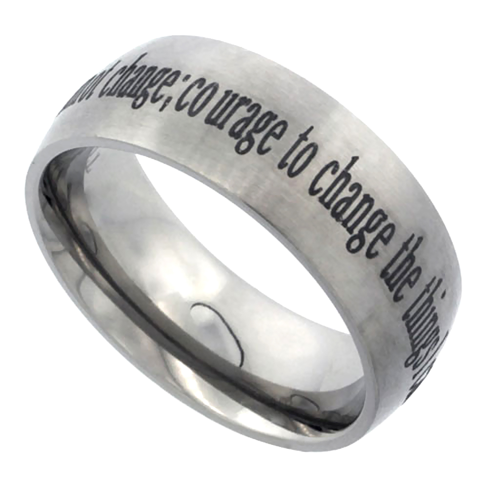 8mm Titanium Wedding Band Serenity Prayer Ring Domed Brushed Finish Comfort Fit sizes 7 - 14