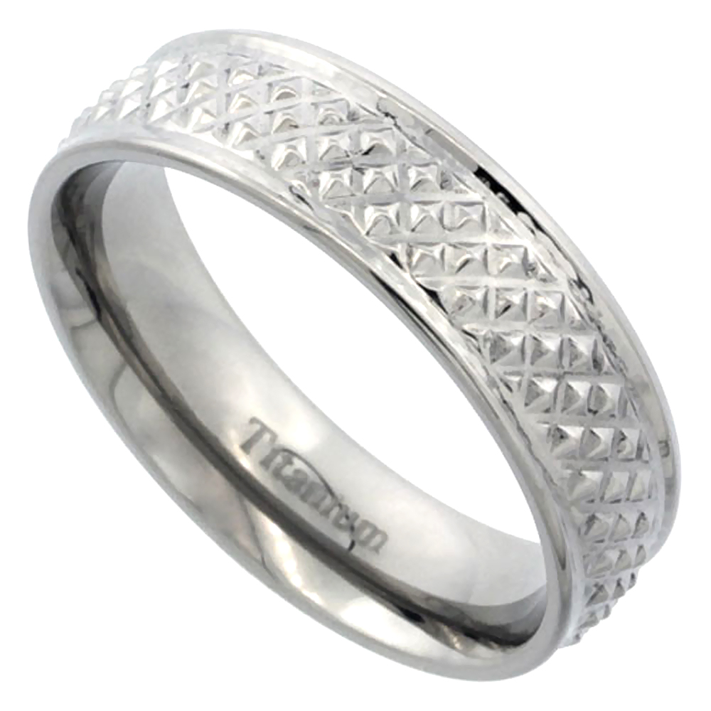 6mm Titanium Wedding Band Ring Pyramid Pattern High Polish Finish Flat Comfort Fit sizes 7 - 14