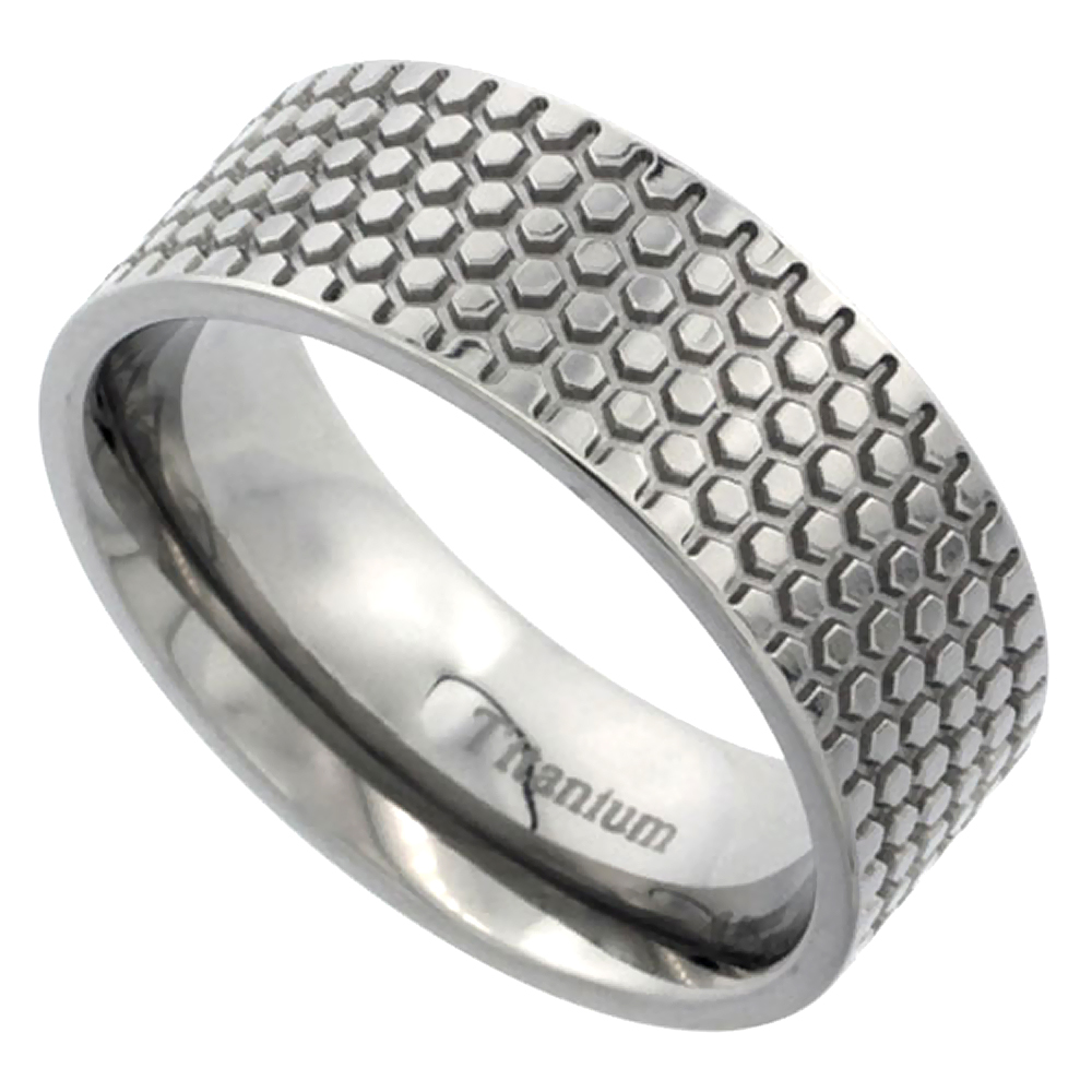 8mm Titanium Wedding Band Ring Honeycomb Pattern Polish Finish Flat Comfort Fit sizes 7 - 14