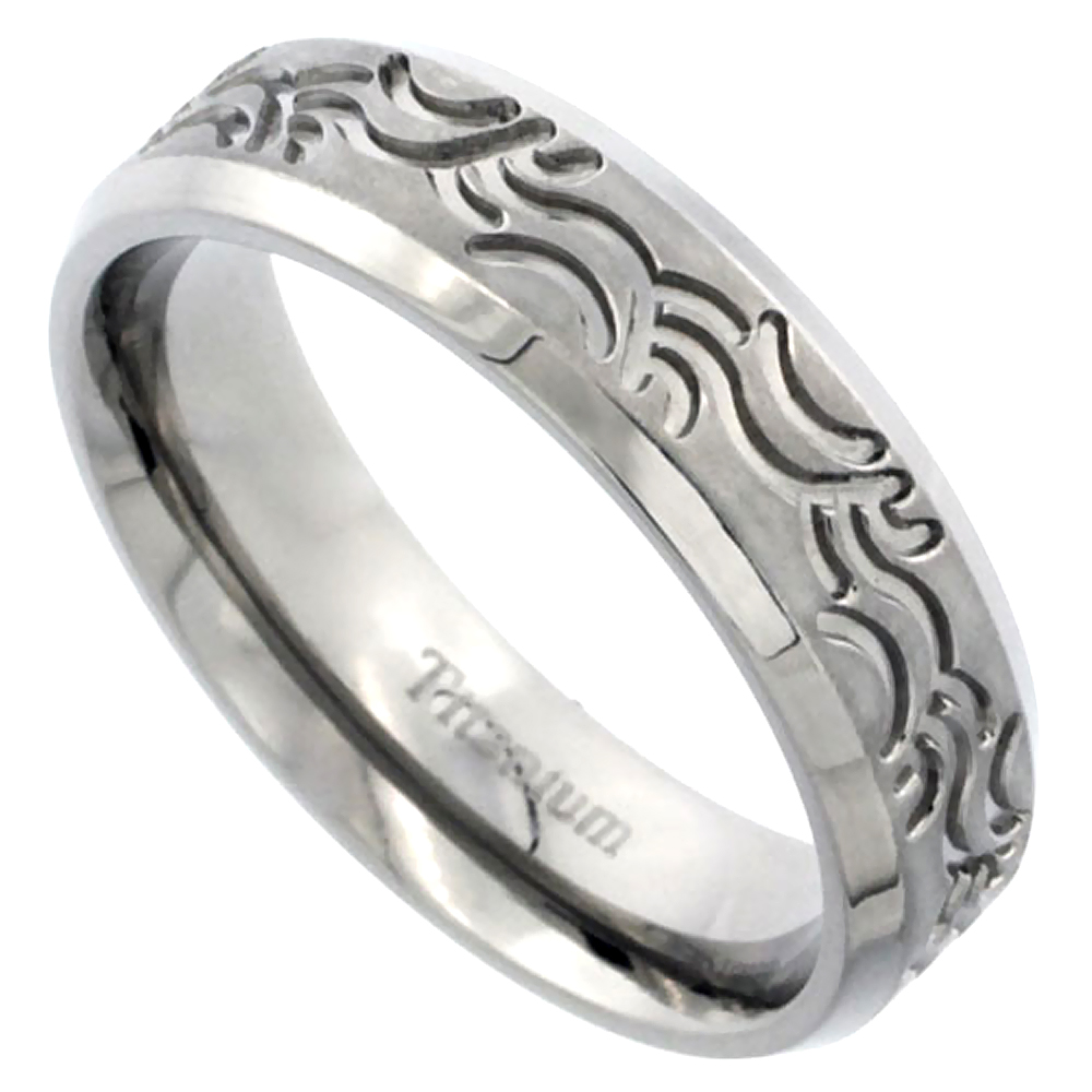 Titanium 6mm Wedding Band Ring Wave Pattern Brushed Finish Flat Beveled Edges Comfort Fit , sizes 7 - 14