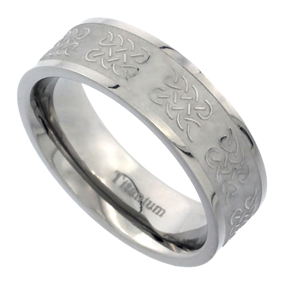 7mm Titanium Wedding Band Celtic Knot Ring Flat Brushed Finish Background Comfort Fit sizes 7 - 14