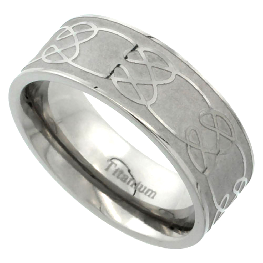8mm Titanium Wedding Band Celtic Knot Ring Flat Brushed Background Comfort Fit sizes 7 - 14