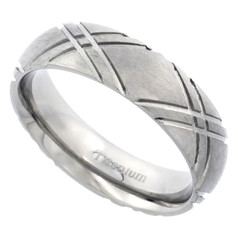 6mm Titanium Wedding Band Ring Diamond Pattern Brushed Finish Domed Comfort Fit sizes 7 - 14