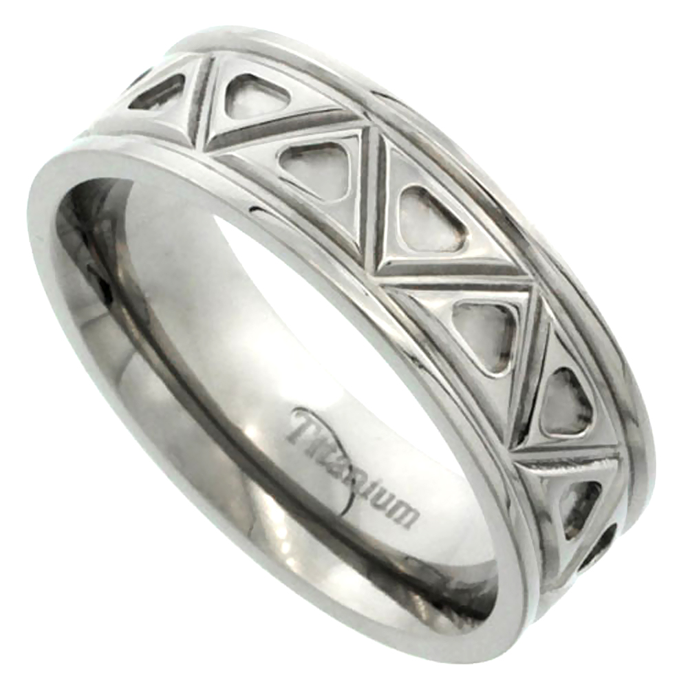 7mm Titanium Wedding Band Aztec Pattern Ring Flat Polished Finish Comfort Fit sizes 7 - 14