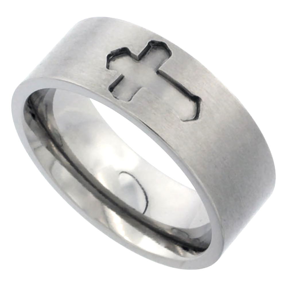 8mm Titanium Wedding Band Cross Ring Flat Deep Carved Brushed Finish Comfort Fit sizes 7 - 14