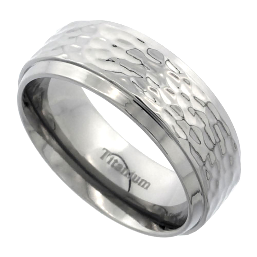 Titanium 8mm Wedding Band Hammered Ring Flat Beveled Edges Polish Finish Comfort Fit, sizes 7 - 14