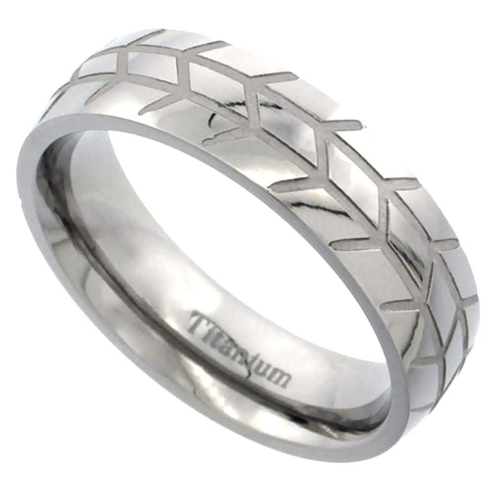 6mm Titanium Wedding Band Herringbone Ring Domed Polished Finish Comfort Fit sizes 7 - 14
