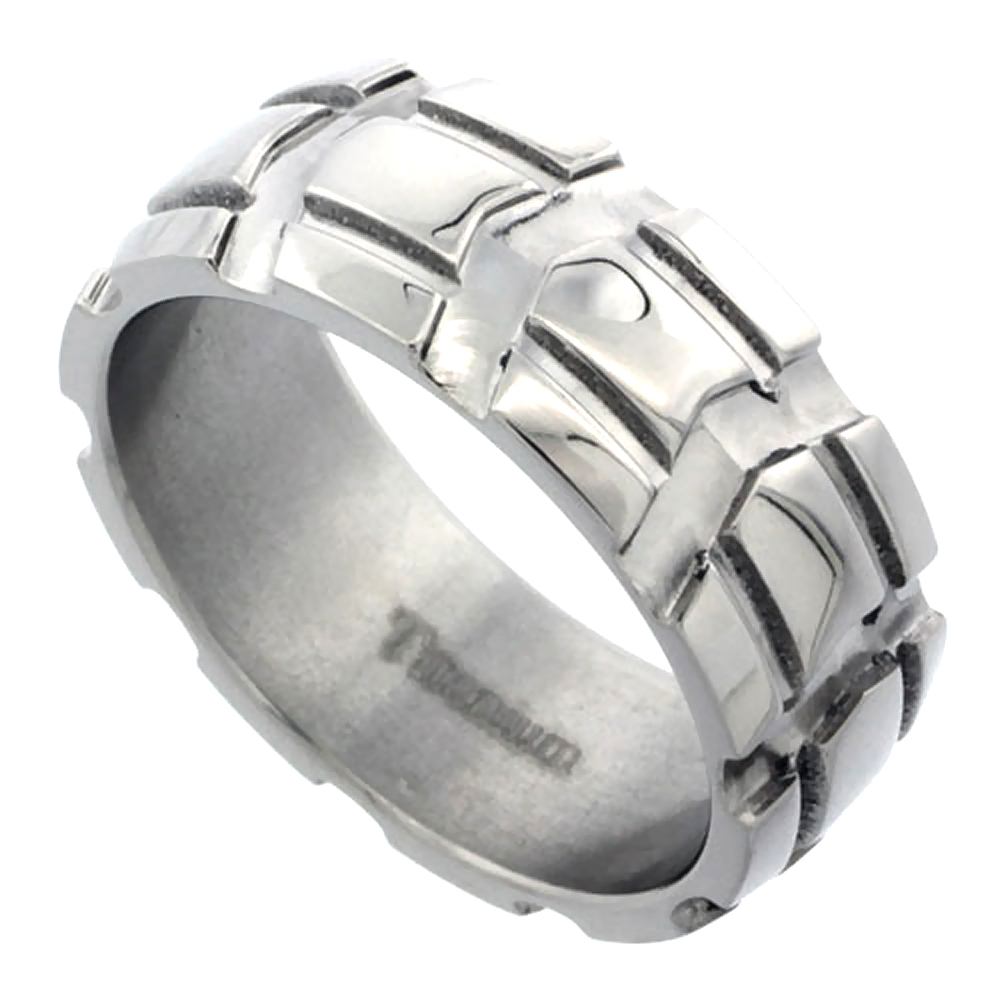 8mm Titanium Wedding Band Truck Tire Ring Deep Carved Domed Polished Finish Comfort Fit sizes 7 - 14