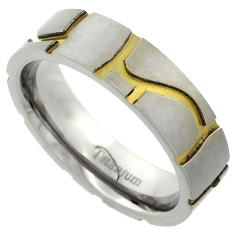 6mm Titanium Wedding Band Mosaic Stone Ring Gold Grout Brushed Finish Comfort Fit sizes 7 - 14