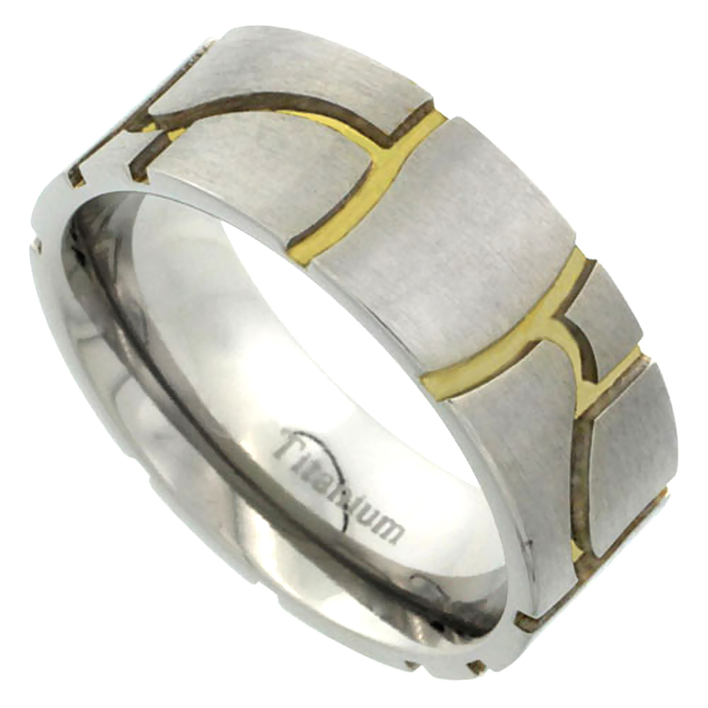 8mm Titanium Wedding Band Stone Ring Gold Grooves Flat Brushed Finish Comfort Fit sizes 7 - 14
