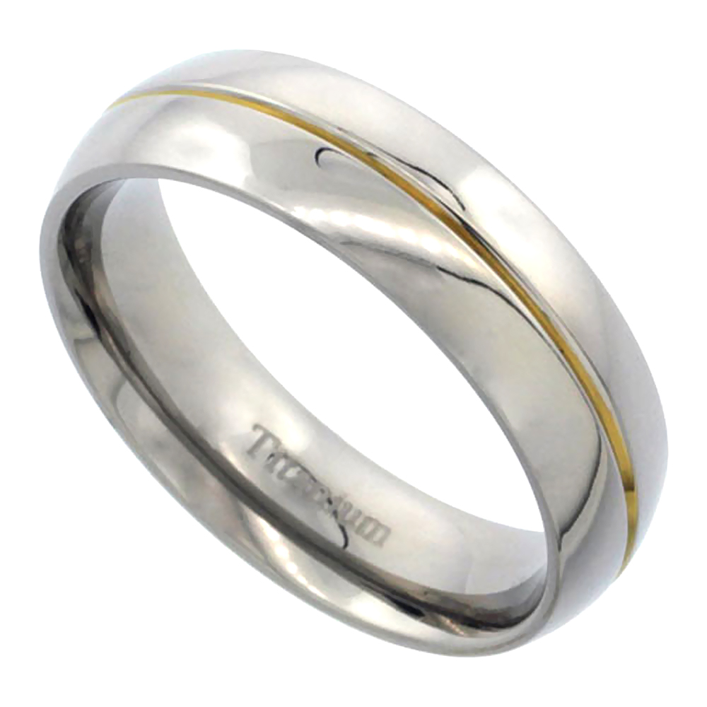 6mm Titanium Wedding Band Gold Groove Ring Domed Polished Finish Comfort Fit sizes 7 - 14