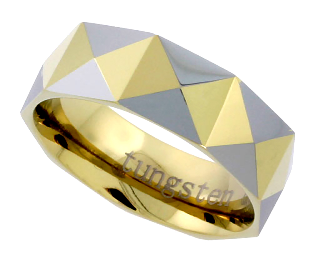 8MM GOLD TUNGSTEN RING FACETED DOME WEDDING BAND PYRAMID PATTERN SIZES 7 TO 14