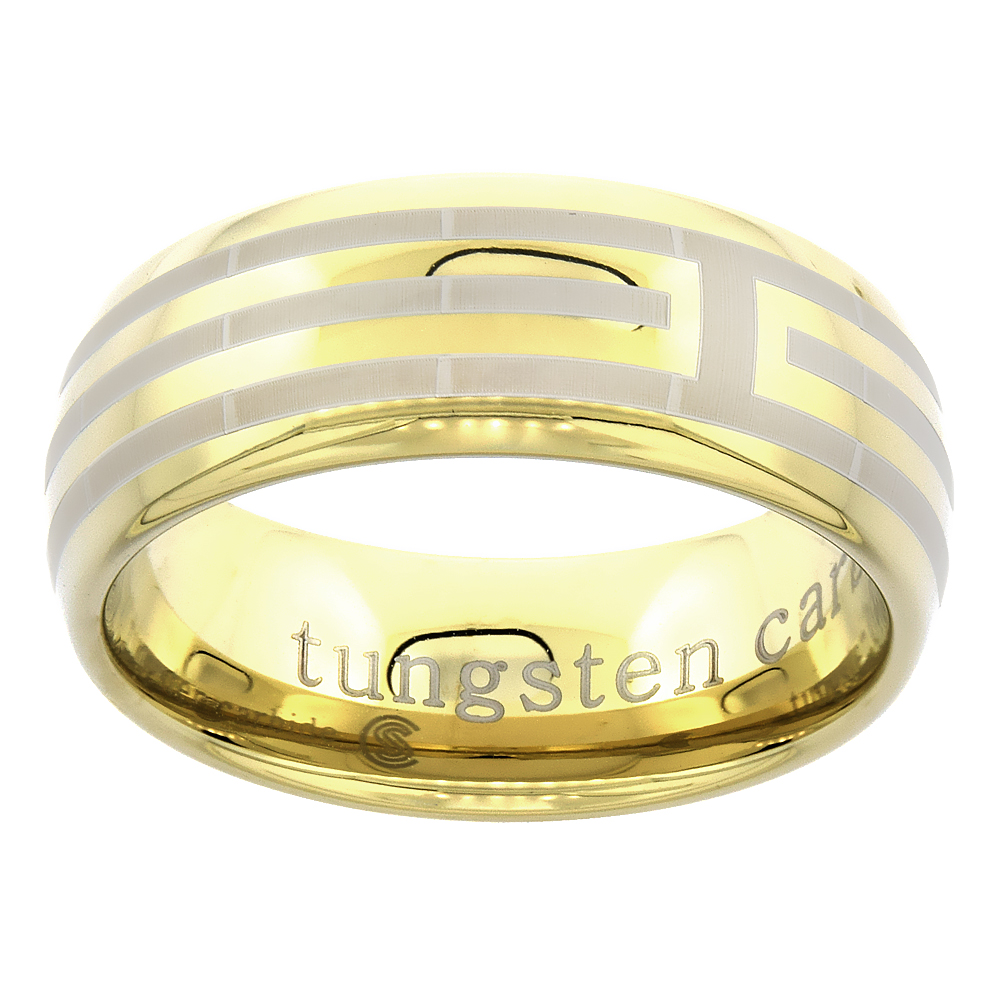 8MM GOLD TUNGSTEN RING DOME WEDDING BAND FOR HIM & HER ETCHED STRIPES SIZES 7 TO 14