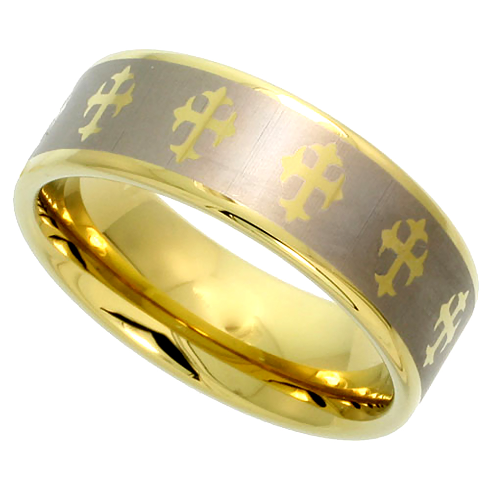 8MM GOLD TUNGSTEN RING FLAT WEDDING BAND CROSSES SIZES 8 TO 15