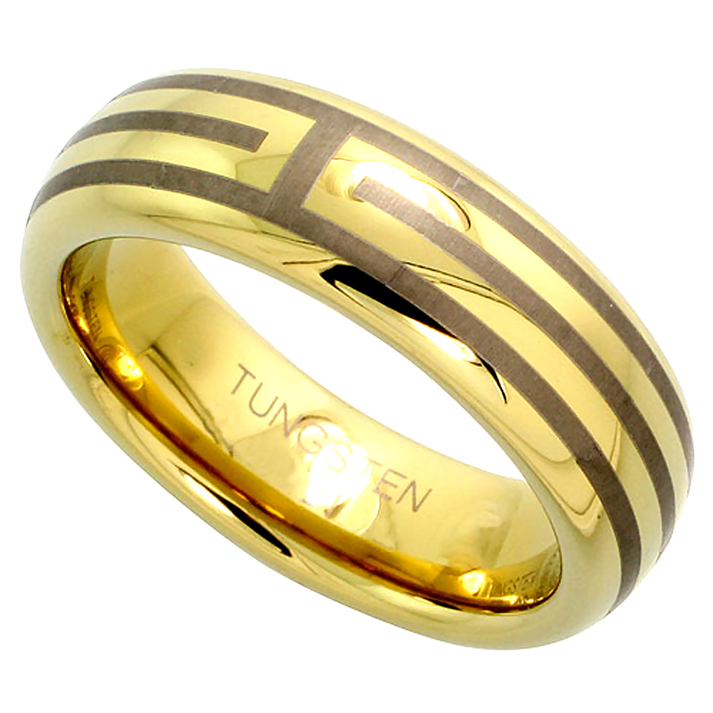 6MM GOLD TUNGSTEN RING DOME WEDDING BAND 3 STRIPES COMFORT FIT SIZES 5 TO 14