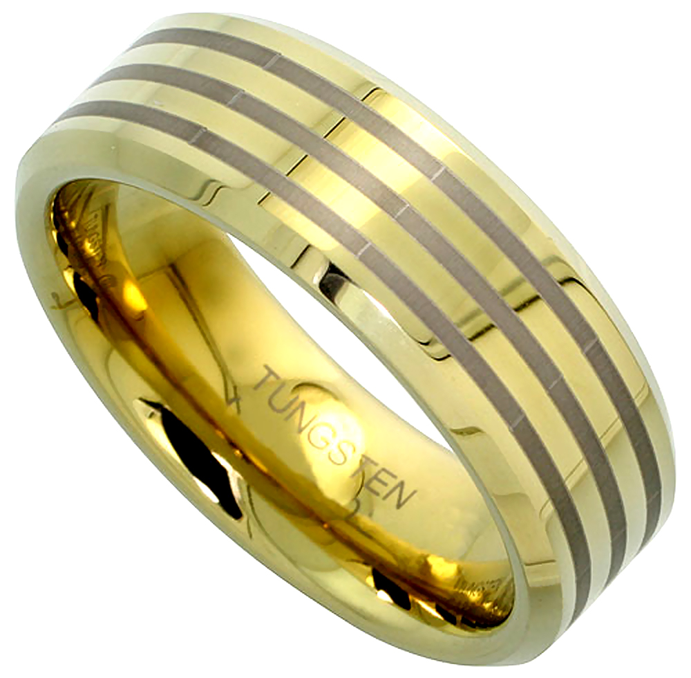 8mm Gold Tungsten Ring Flat Wedding Band 3 Etched Stripes Beveled Edge Comfort fit, sizes 5 to 14