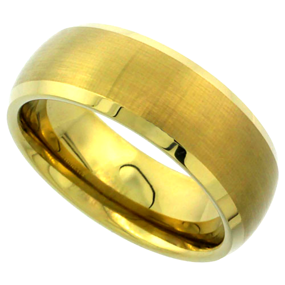 8MM GOLD TUNGSTEN WEDDING BAND DOME BRUSHED FINISH BEVELED EDGE COMFORT FIT SIZES 9 TO 13.5