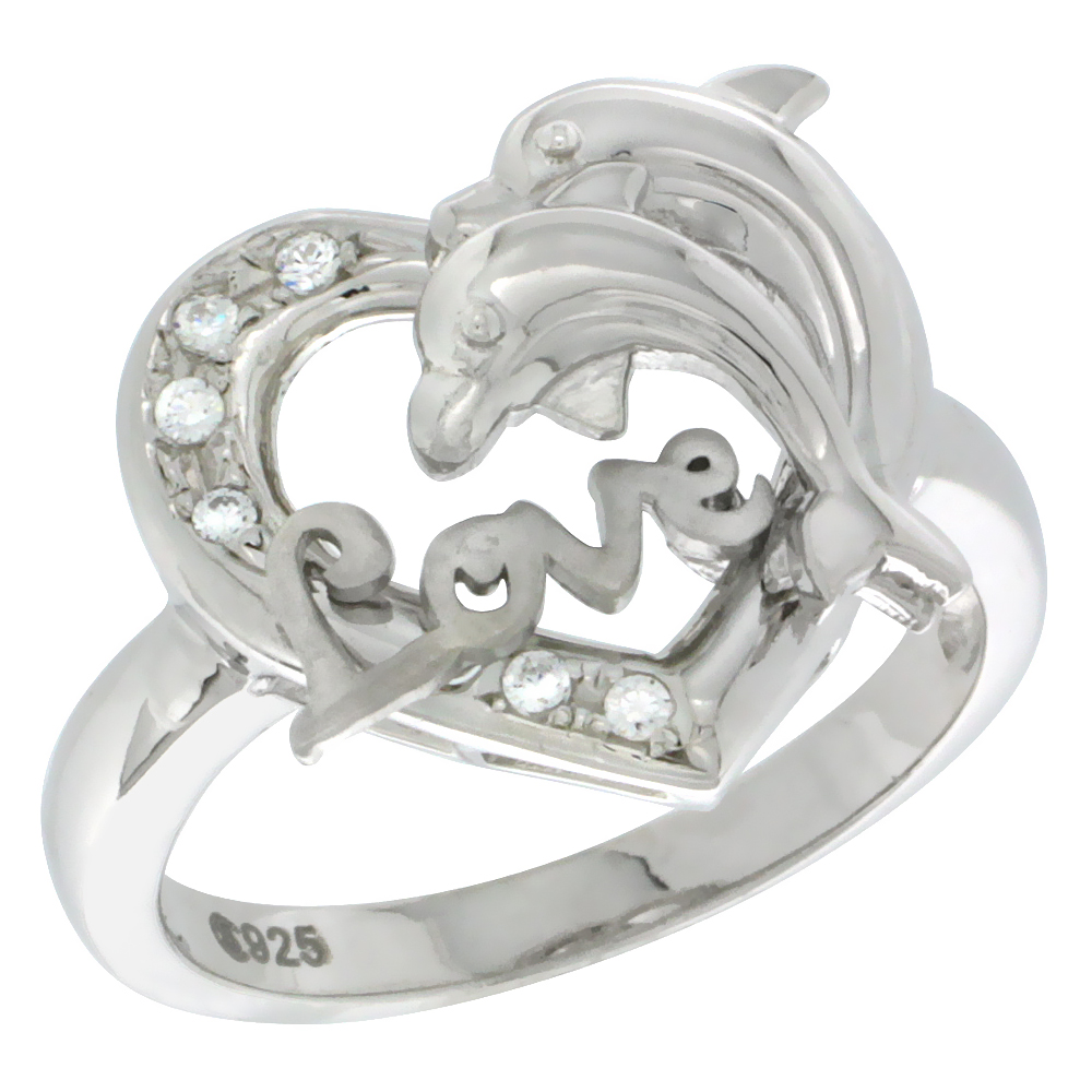 Sterling Silver DOLPHINS HEART LOVE Ring CZ stones Rhodium Finished, 21/32 inch wide, sizes 5 - 8