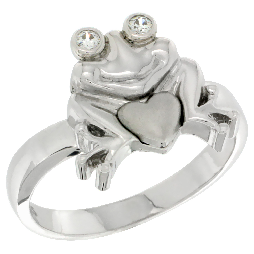 Sterling Silver Frog & Heart Ring CZ stones Rhodium Finished, 9/16 inch wide, sizes 5 - 8