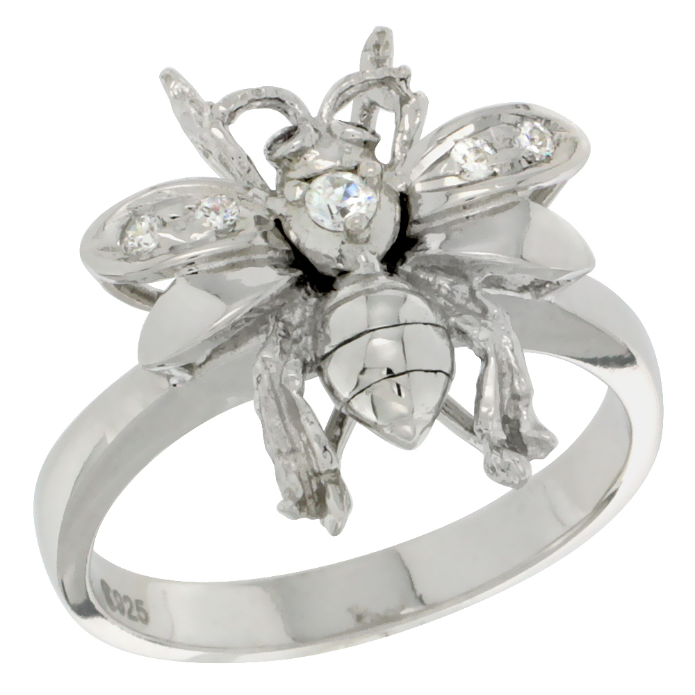 Sterling Silver Bee Ring CZ stones Rhodium Finished, 5/8 inch wide, sizes 5 - 8