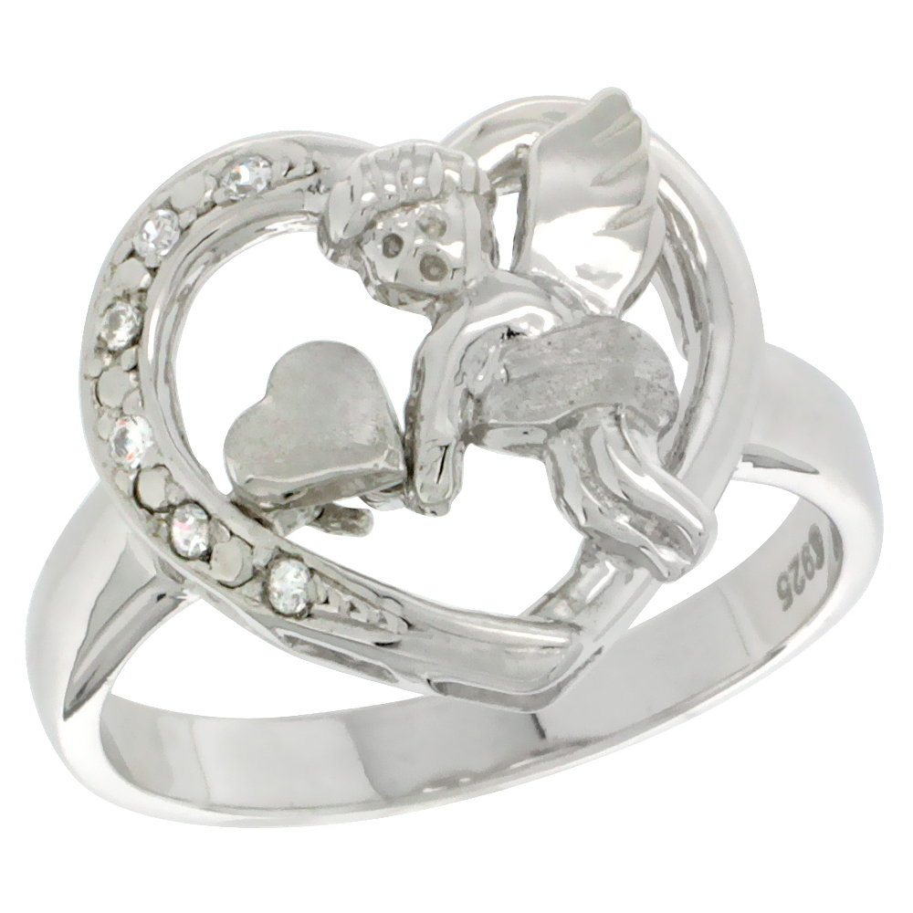 Sterling Silver Cupid Heart Ring CZ stones Rhodium Finished, 5/8 inch wide, sizes 5 - 8