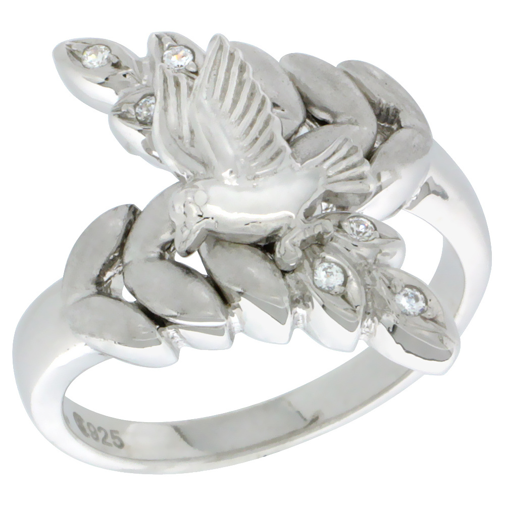 Sterling Silver Dove on Olive Branch Ring CZ stones Rhodium Finished, 13/16 inch wide, sizes 5 - 8