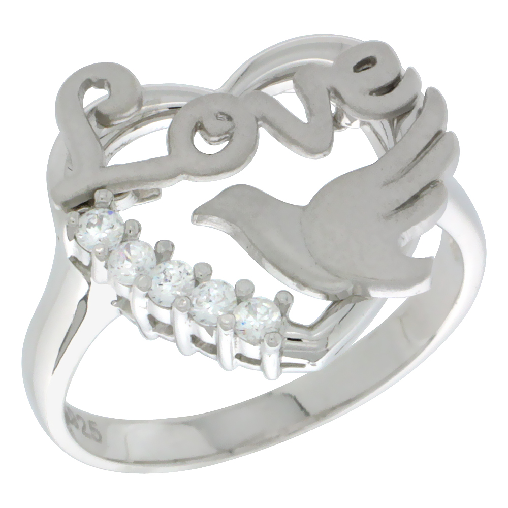 Sterling Silver Love Heart Dove Ring CZ stones Rhodium Finished, 5/8 inch wide, sizes 5 - 8