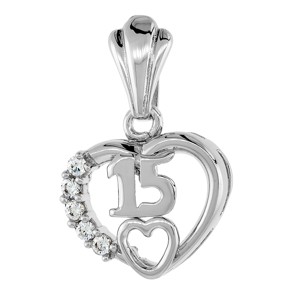 Sterling Silver Quinceanera 15 Anos Heart Ring CZ stones Rhodium Finished, 7/16 inch wide, sizes 5 - 8