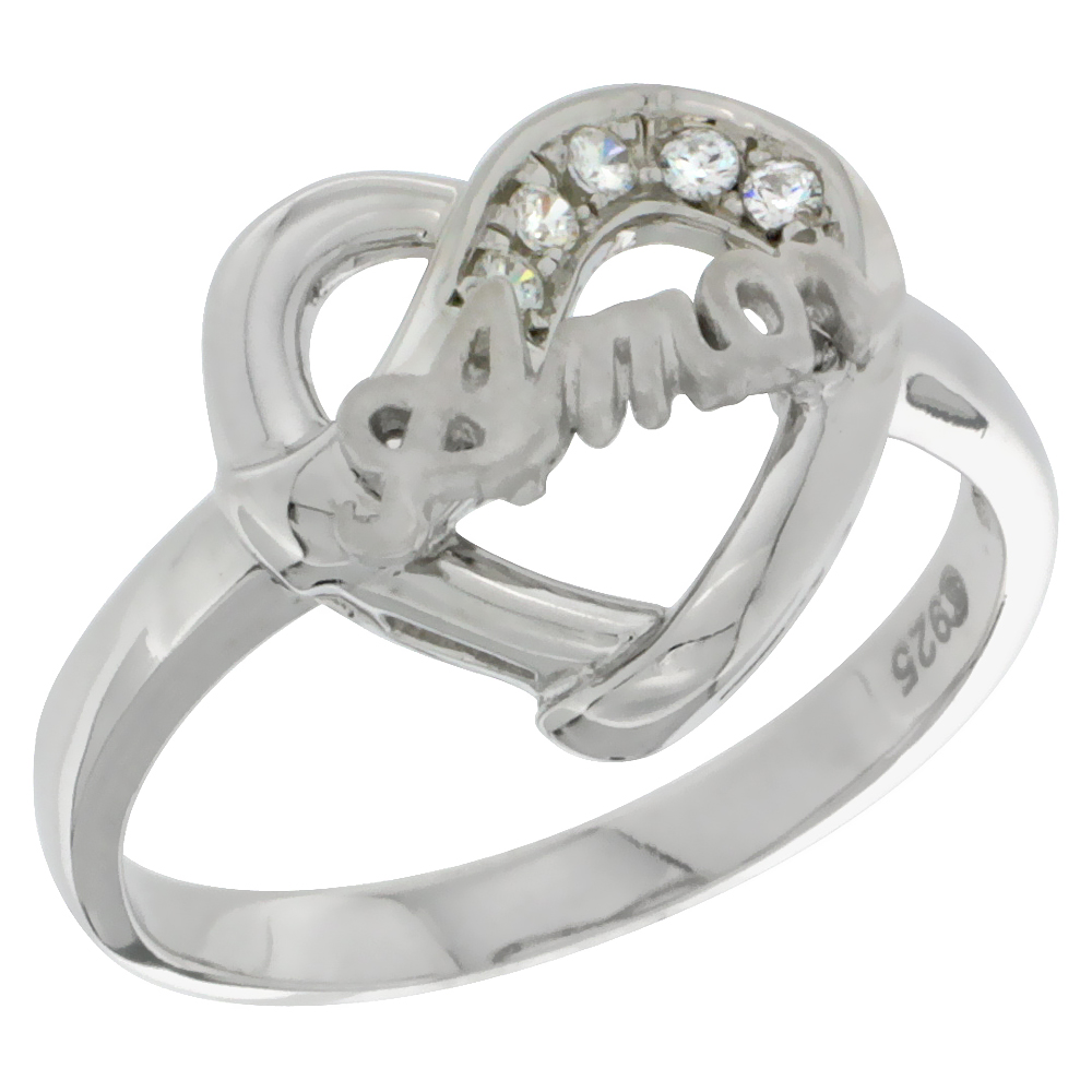 Sterling Silver AMOR Heart Ring CZ stones Rhodium Finished, 1/2 inch wide, sizes 5 - 8