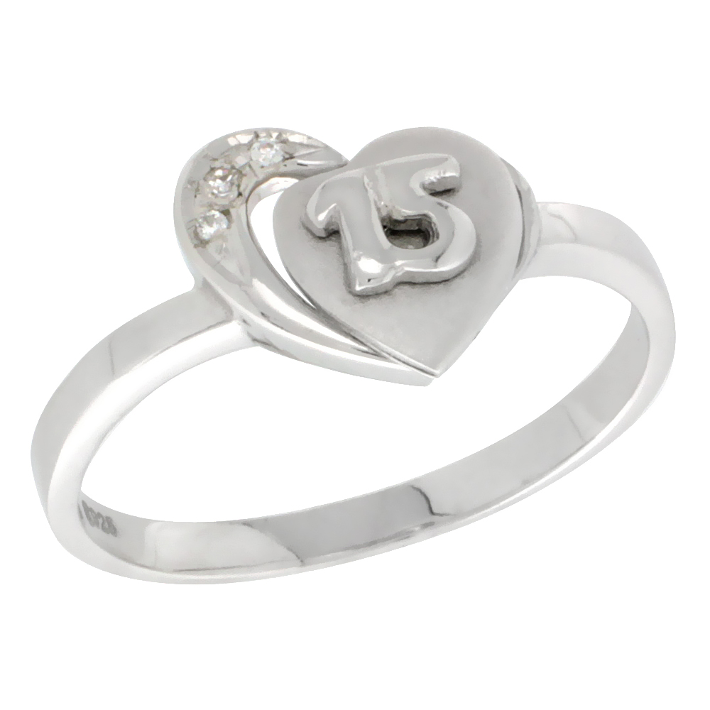 Sterling Silver Quinceanera 15 Anos Heart Ring CZ stones Rhodium Finished, 7/16 inch wide, sizes 5 - 8