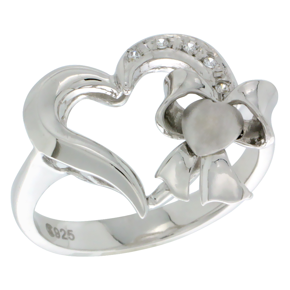 Sterling Silver Heart Ribbon Heart Ring CZ stones Rhodium Finished, 3/4 inch wide, sizes 5 - 8