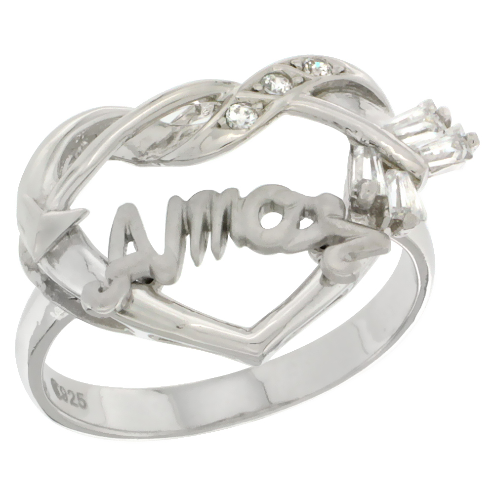 Sterling Silver AMOR Cupid's Bow Ring CZ stones Rhodium Finished, 7/8 inch wide, sizes 5 - 8