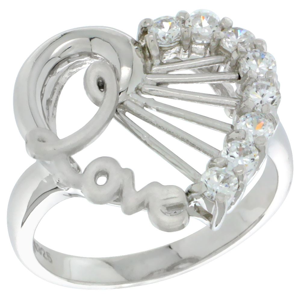 Sterling Silver LOVE Heart Ring CZ stones Rhodium Finished, 23/32 inch wide, sizes 5 - 8
