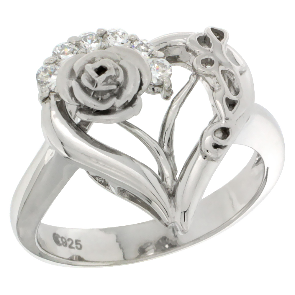 Sterling Silver LOVE Rose Heart Ring CZ stones Rhodium Finished, 11/16 inch wide, sizes 5 - 8