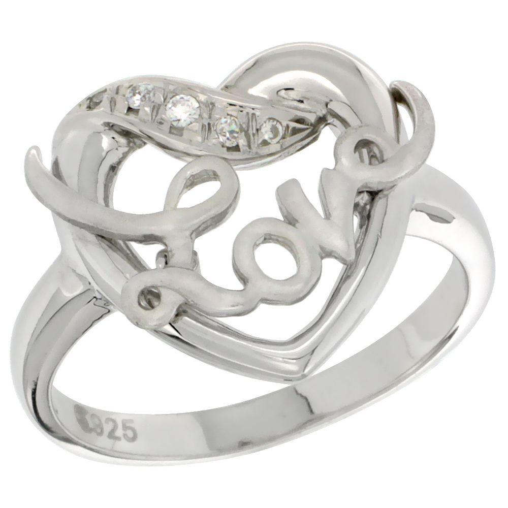 Sterling Silver LOVE Ribbon Ring CZ stones Rhodium Finished, 11/16 inch wide, sizes 5 - 8