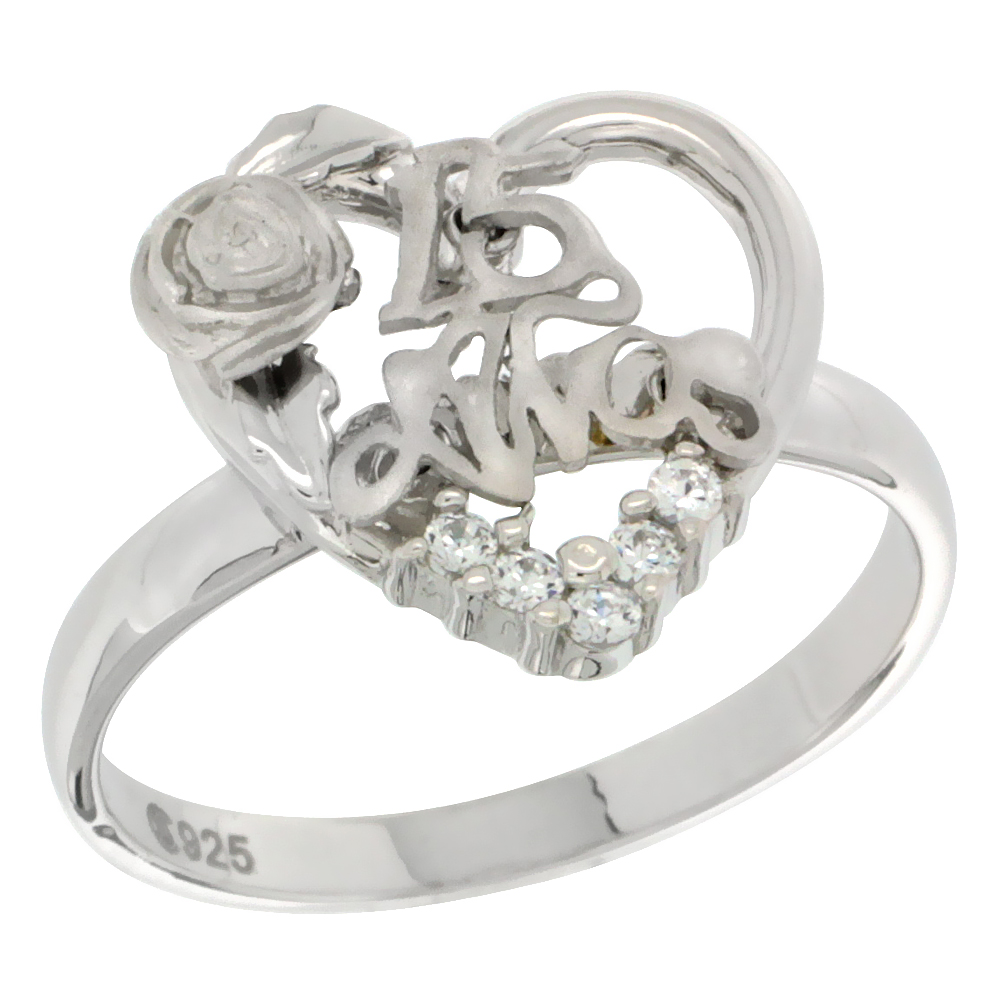 Sterling Silver Quinceanera 15 Anos Rose Ring CZ stones Rhodium Finished, 5/8 inch wide, sizes 5 - 8