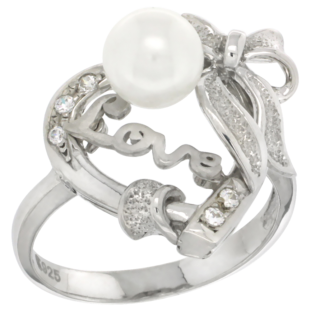 Sterling Silver Heart LOVE Bow Faux Pearl Ring CZ stones Rhodium Finished, 23/32 inch wide, sizes 5 - 8