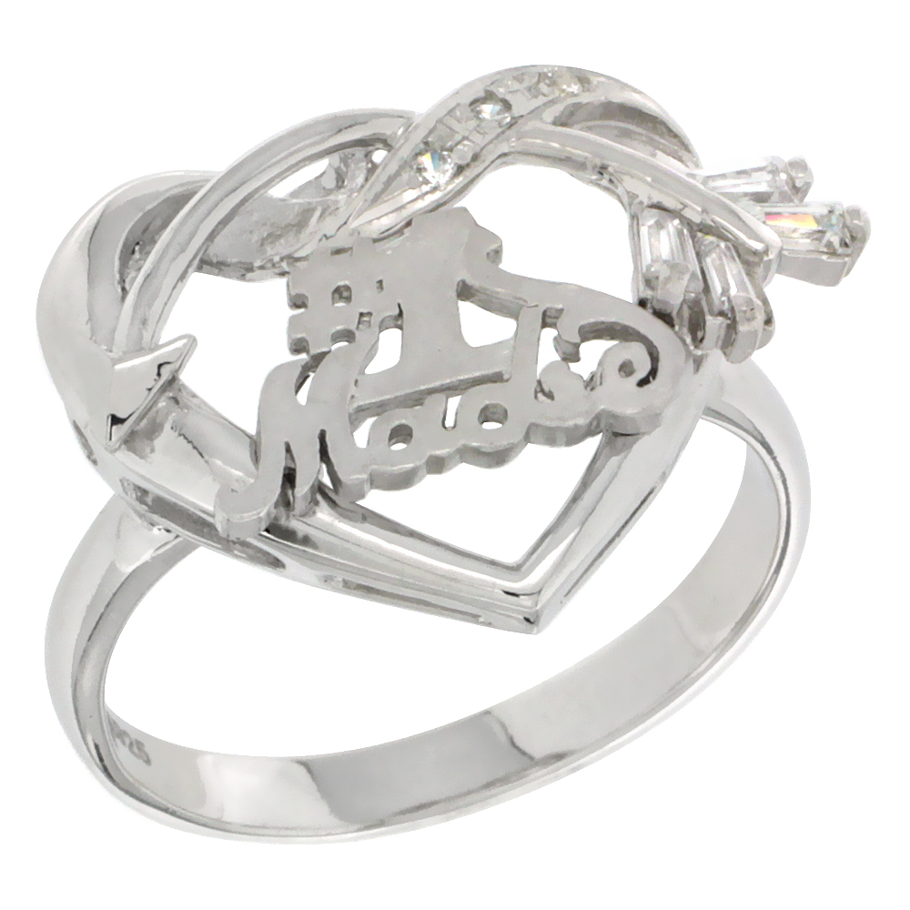 Sterling Silver #1 Madre Cupid's Bow Heart Ring CZ stones Rhodium Finished, 13/16 inch wide, sizes 5 - 8