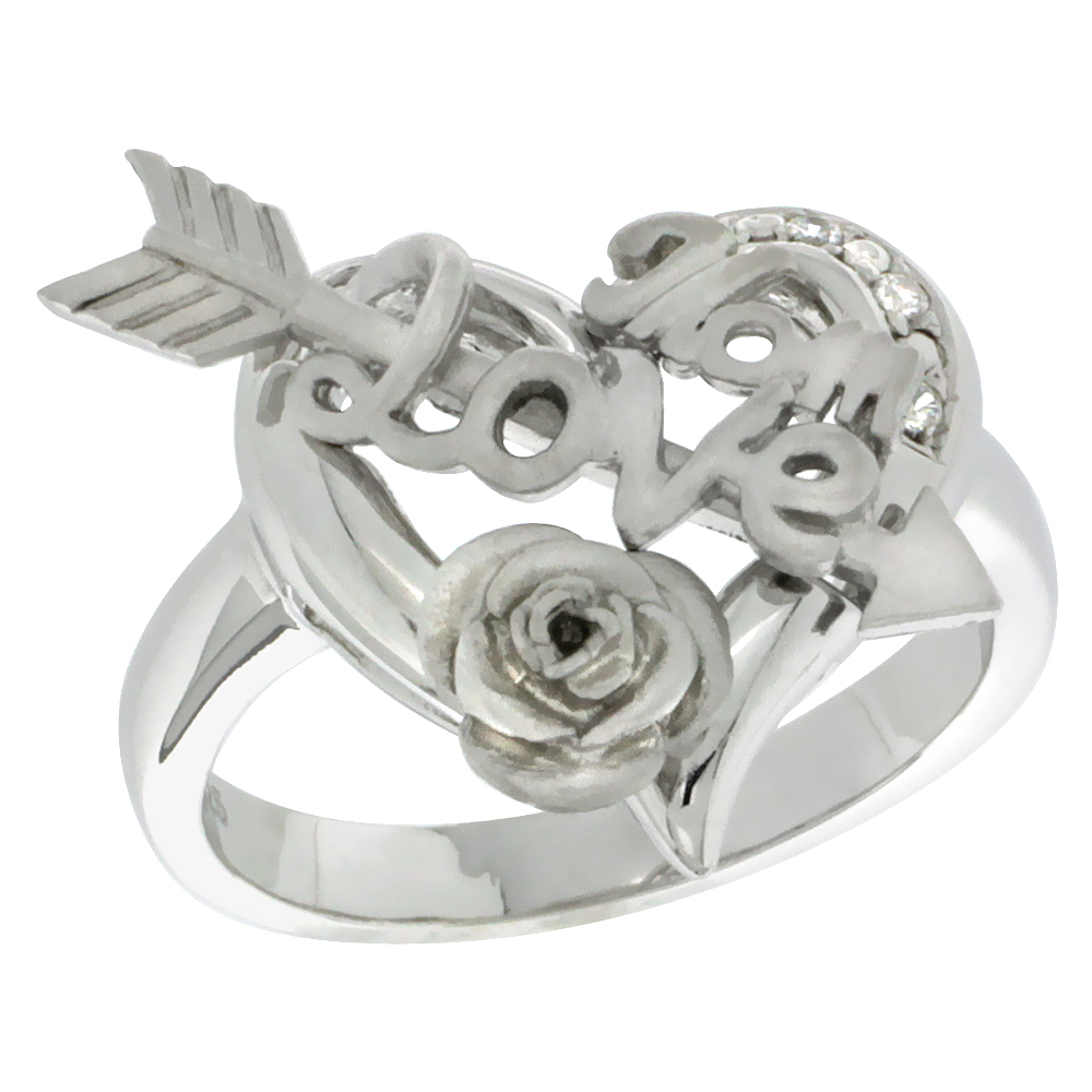 Sterling Silver LOVE MOM Cupid&#039;s Bow &amp; Rose Heart Ring CZ stones Rhodium Finished, 25/32 inch wide, sizes 5 - 8