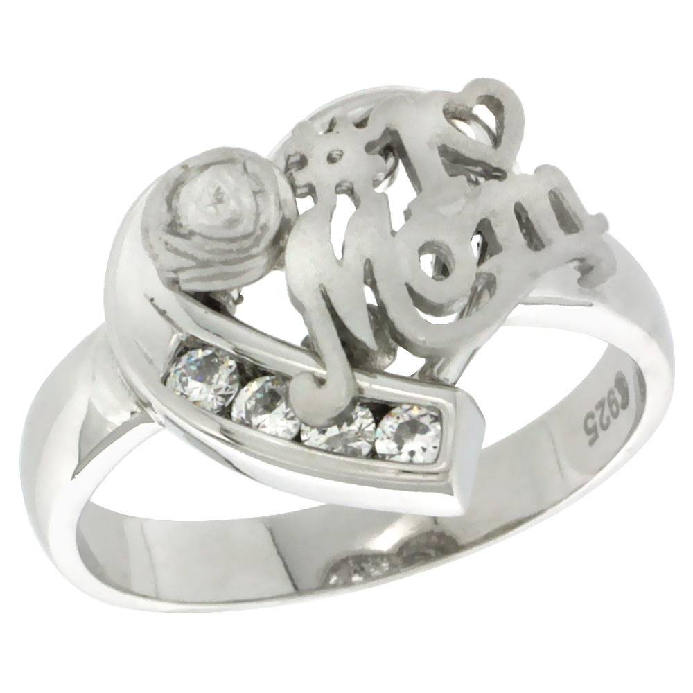 Sterling Silver #1 MOM Heart Love Ring CZ stones Rhodium Finished, 5/8 inch wide, sizes 5 - 8