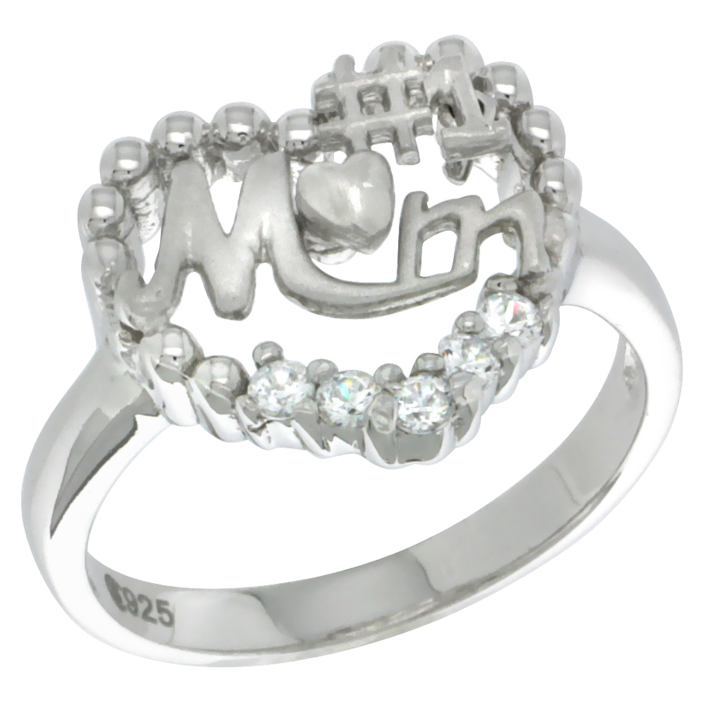 Sterling Silver #1 MOM Heart Ring CZ stones Rhodium Finished, 5/8 inch wide, sizes 5 - 8