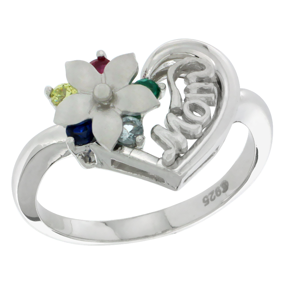 Sterling Silver Heart Mom Ring with Flower & Color CZ stones Rhodium Finished, 5/8 inch wide, sizes 5 - 8