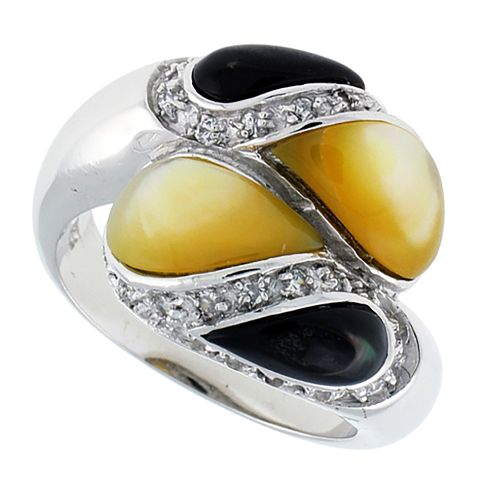 Sterling Silver Tear Drop Abalone and Yellow Mother of Pearl Ring for Women Domed Bypass Accented with Tiny CZ stones 11/16 inch wide